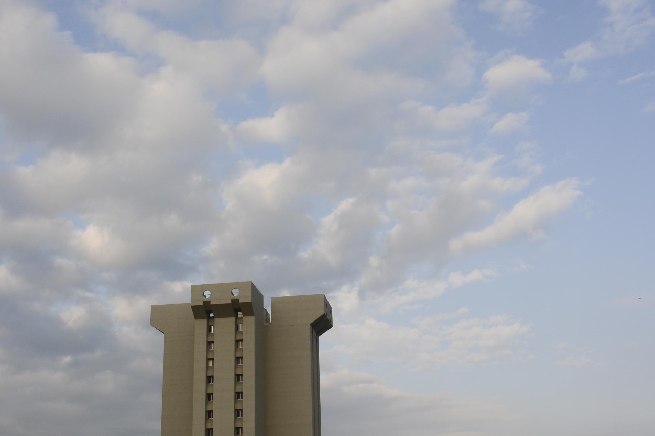 Top of Crosley Tower and a cloudy sky