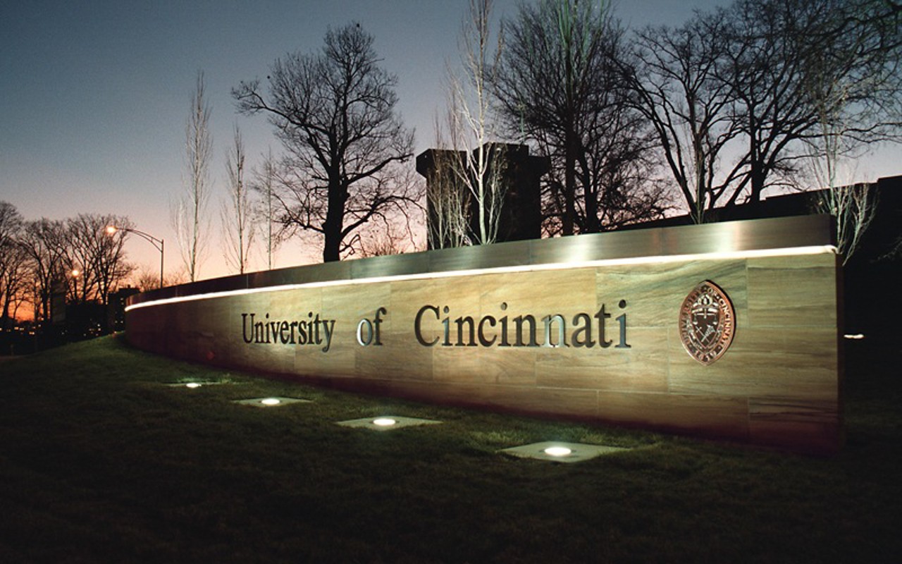 Gateway to the University of Cincinnati at the northwest corner of campus. Crosley Tower is in the background.
