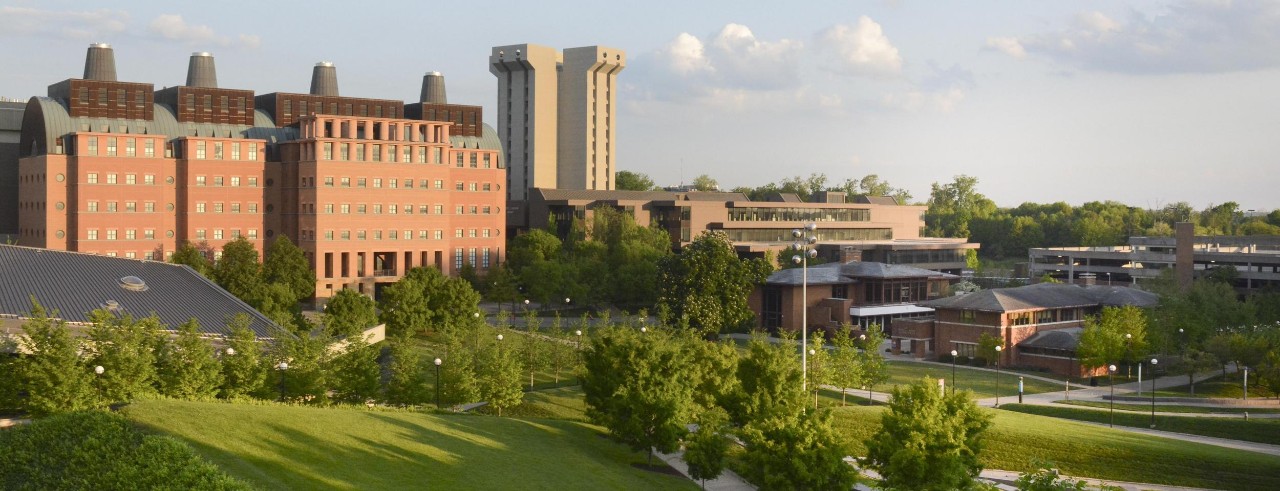 The Mantei Center and Crosley Tower are bathed in morning light.