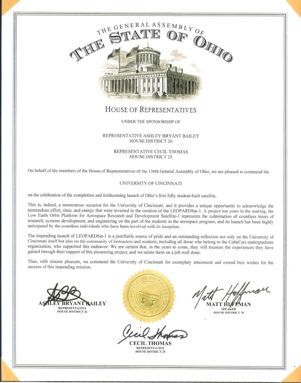  Ohio House of Representatives officially recognizes UC CubeCats with a house resolution.