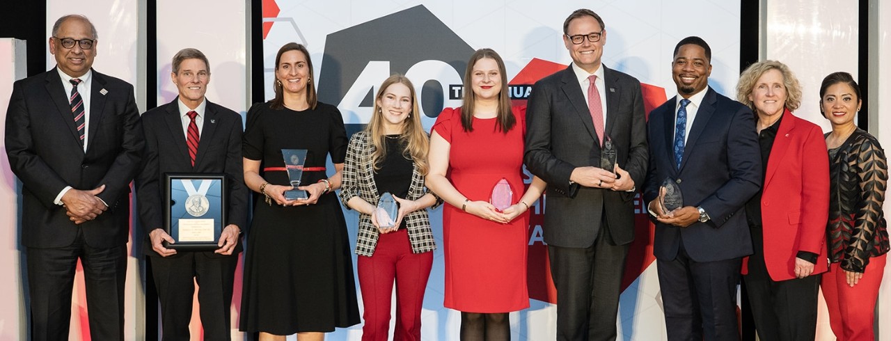 2025 CBAA award recipients alongside UC President Neville Pinto (far left), Lindner dean Marianne Lewis (second from right) and 2025 Lindner Alumni Council Chair Edita Dolan-Mayo (far right)