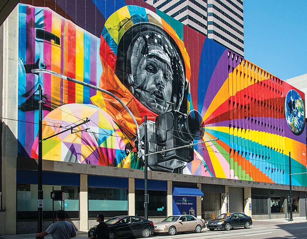 Colorful mural of astronaut Neil Armstrong in Downtown Cincinnati