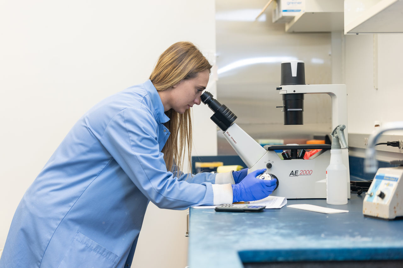 Researcher in lab looking through microscope