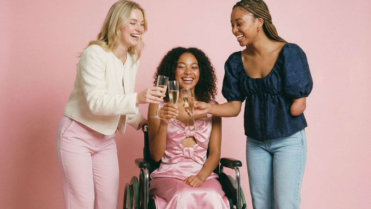 Three girls are laughing. The one in the center is seated in a wheelchair.