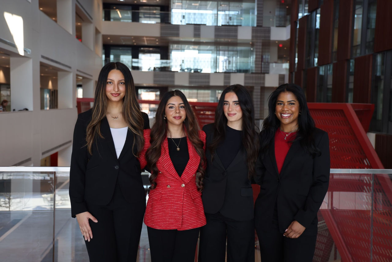 Standing in Clifton Court Hall are UC students Yara Chaouali, Selma Younes, Tala Hamdan and Samantha Jackson.