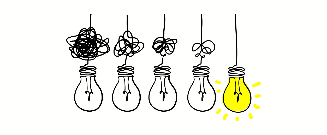 Drawing of 4 lightbulbs turned off, one lightbulb on the right turned on