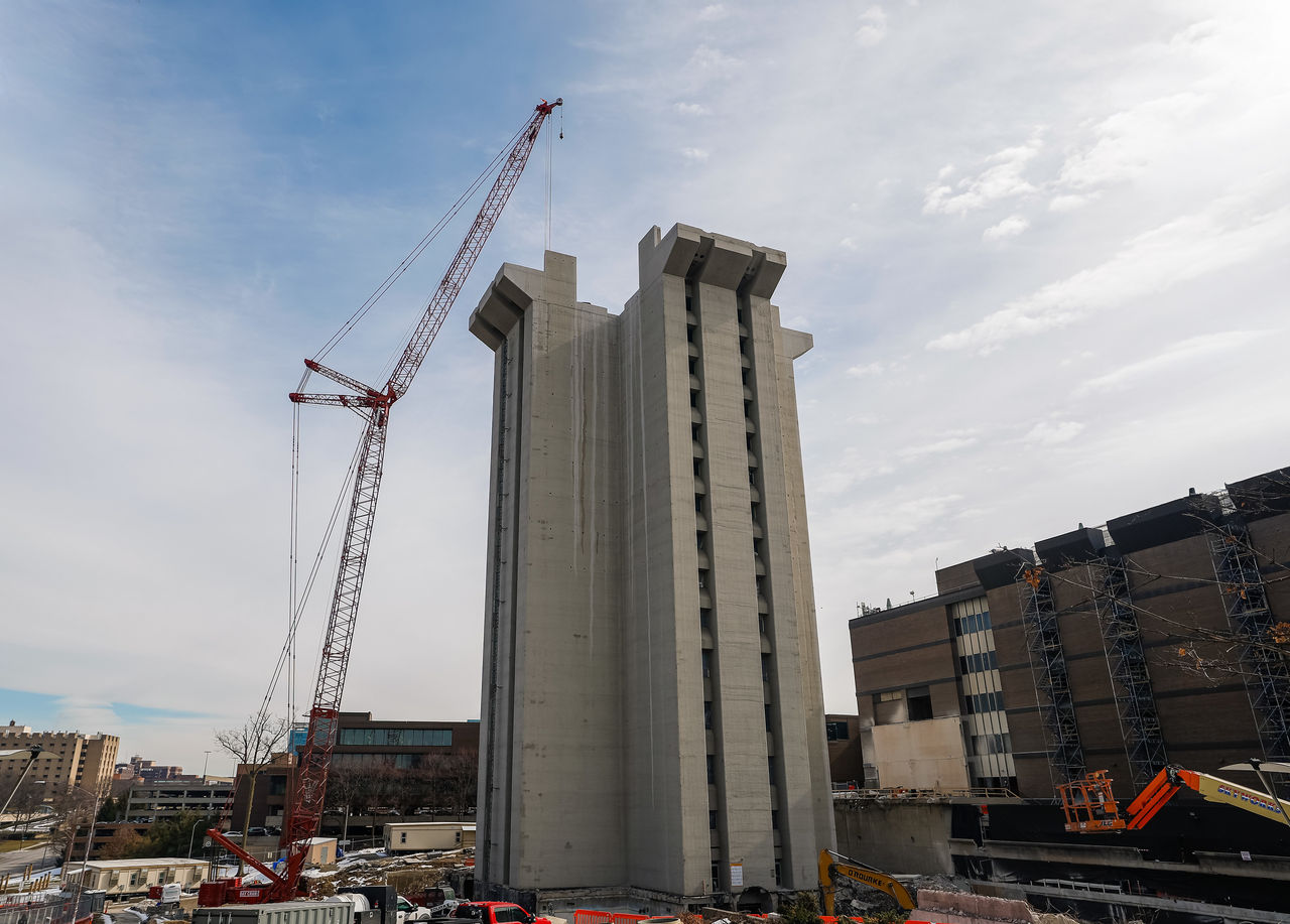 Demolition crews work on dismantling Crosley Tower.