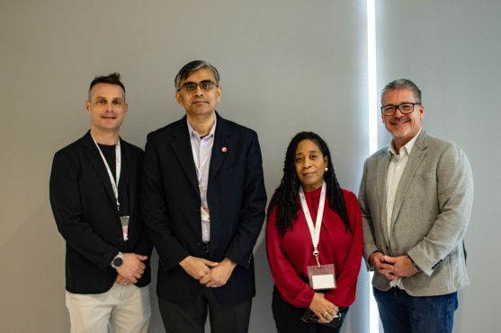 From left, Symposium keynote speaker Dallas Maddox; UC Vice President & Chief Digital Officer Bharath Prabhakaran, UC Associate Vice President, Digital Technology Solutions, Josette Riep; and AWS Enterprise Account Manager Chris Edwards. 