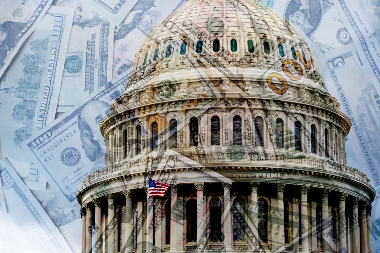 Money overlaying the Capitol building. 