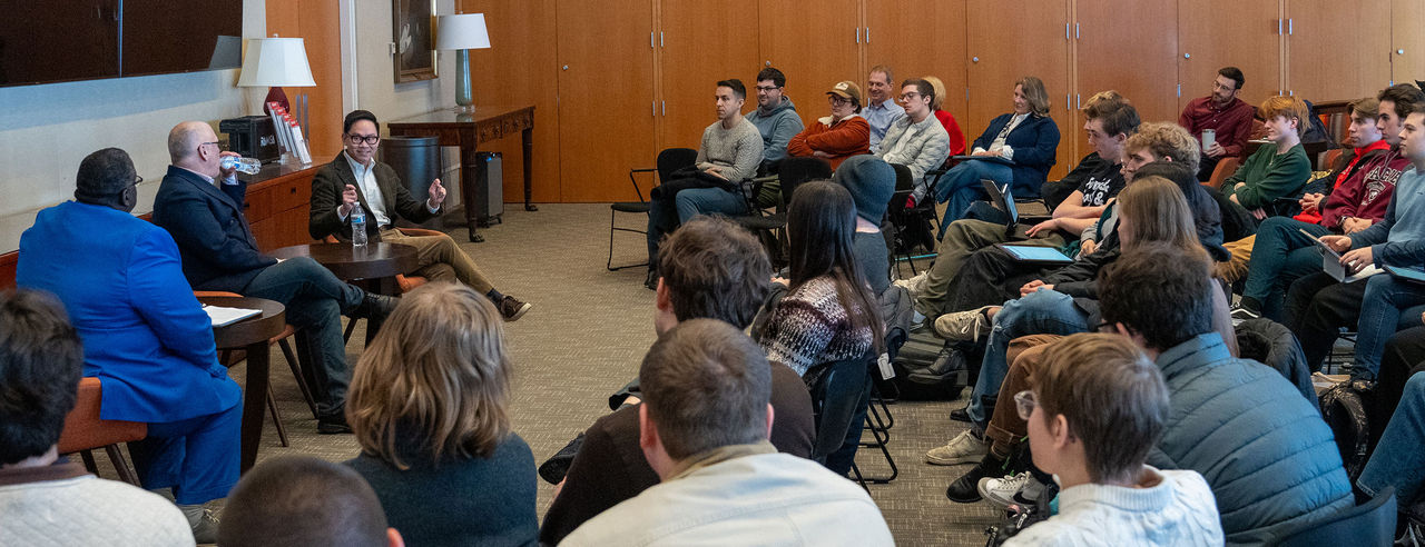 CCM Assistant Dean of Student Services Jessie Grant, Jim Obergefell and Viet Cuong during a panel discussion. Photo/Provided by CCM Winds. 