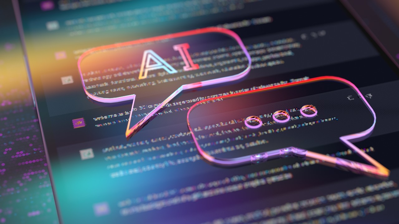 Chat bubble with AI written in it and another with ellipses, both over a digital background 