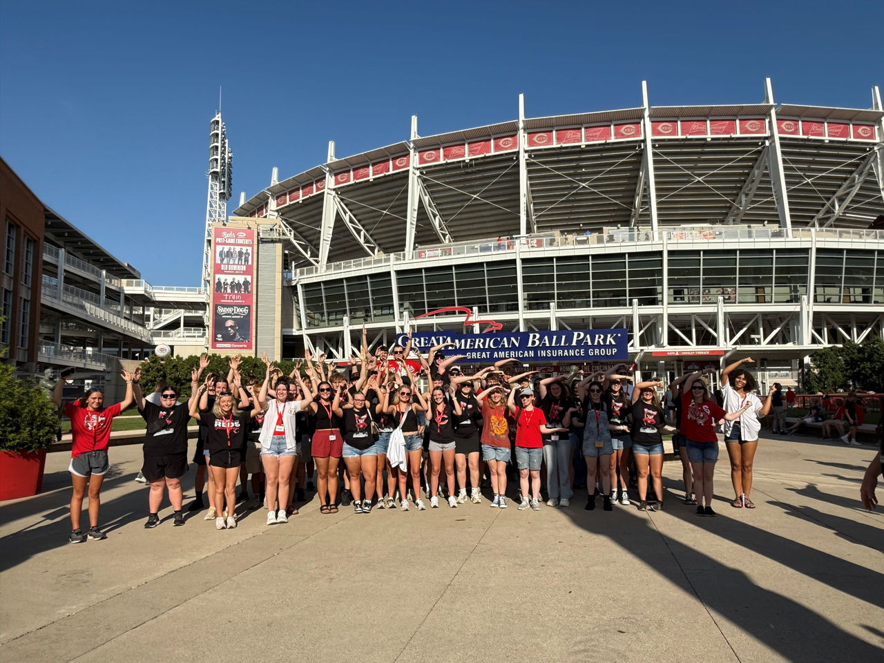 Students pose for a photo in front of the Great American Ballpark in Cincinnati as part of last year's UC Futures activities.