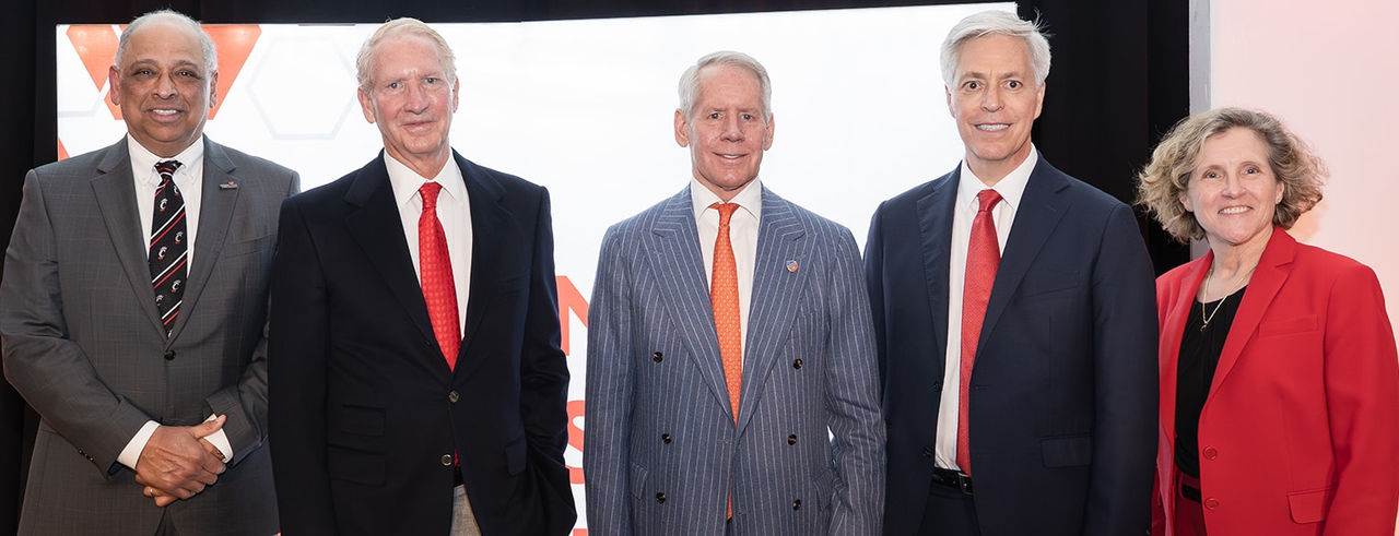 From left to right: UC President Neville Pinto, Craig Lindner, Carl Lindner III, John Berding, Lindner Dean Marianne Lewis