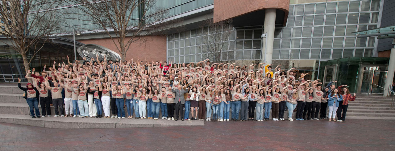 The University of Cincinnati College of Medicine Class of 2026 poses for a group photo.