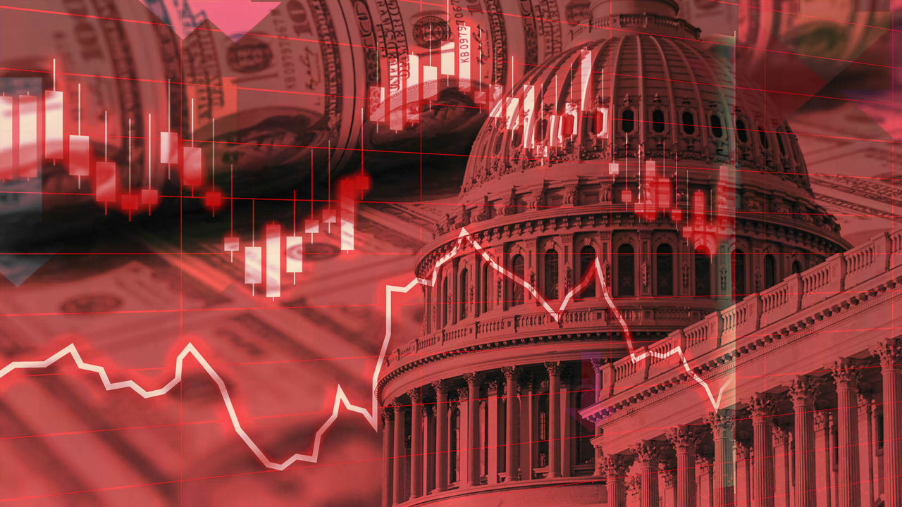 A photo illustration shows the U.S. Capitol, rolls of dollar bills and a line graph rising sharply.