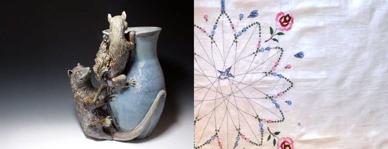 Animal stoneware vase by Marie and Joshua Hamaker.; collaged and embroidered vintage tablecloth from “Real and Imagined” by Kelly Murray Frigard.