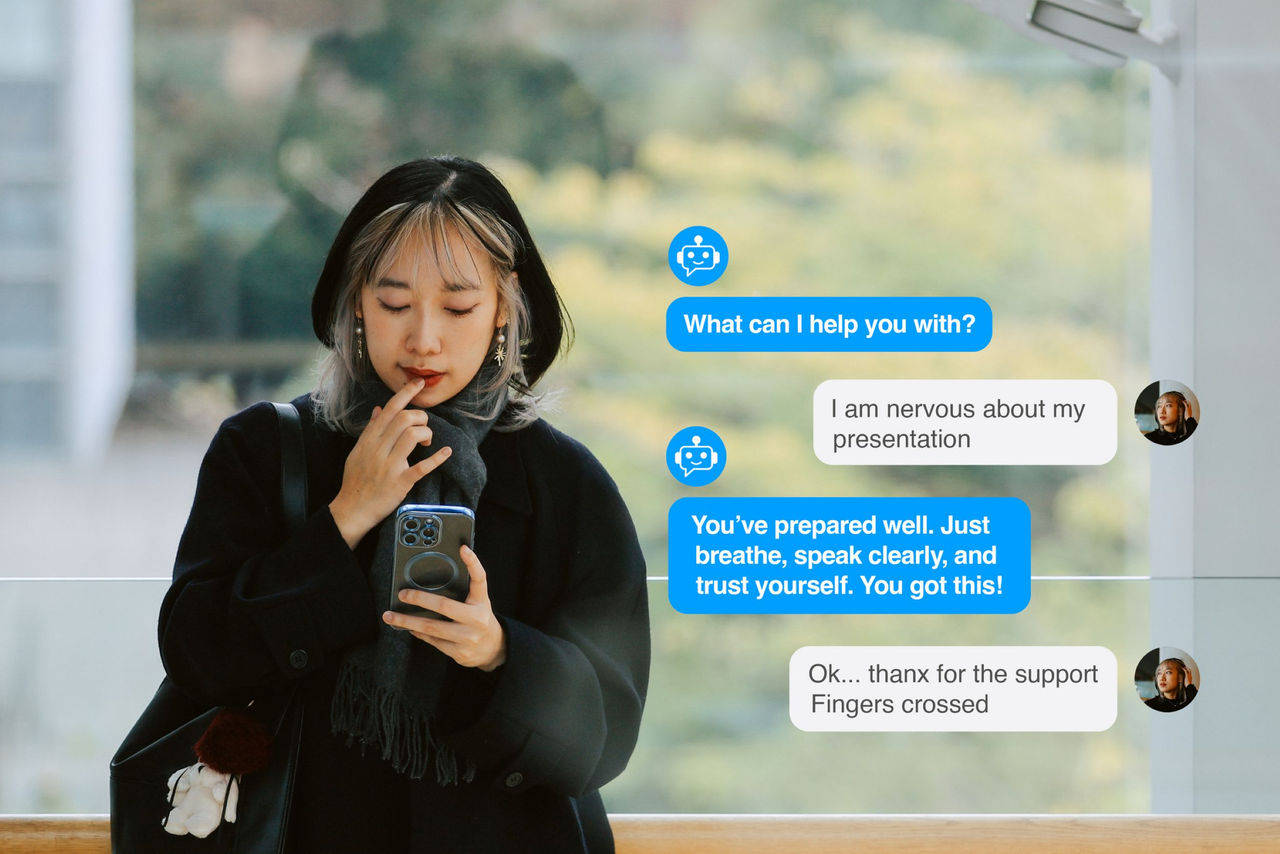 Istock image of a young woman using a chatbot.  Here questions and chatbot responses appear in bubbles.