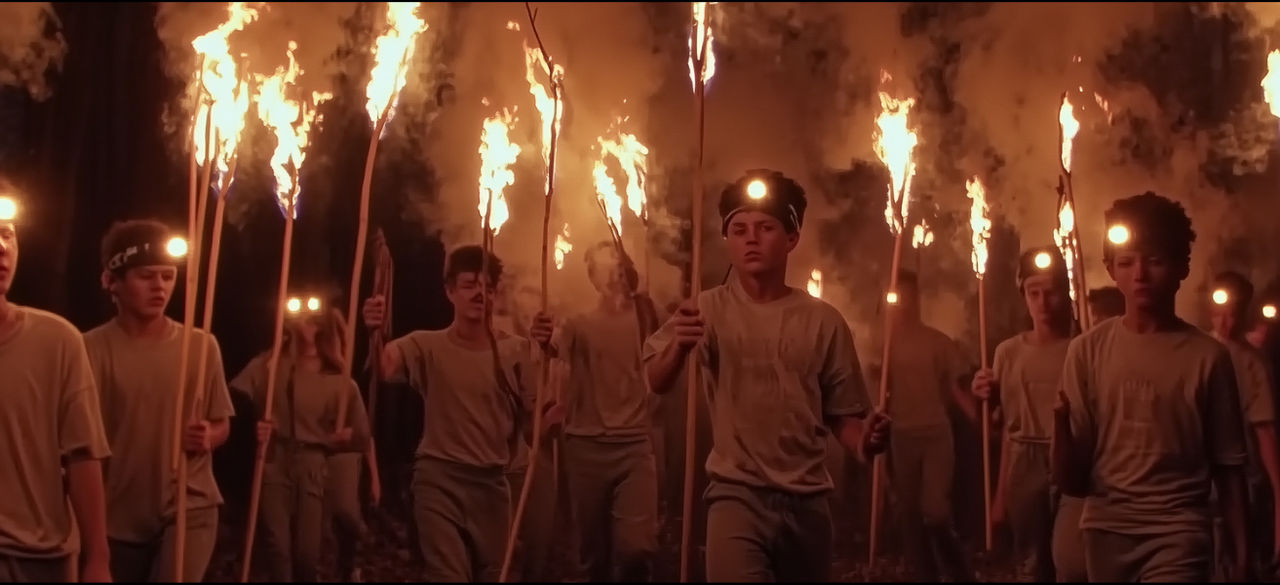 A still frame from a movie shows children holding torches walking in the dark with headlamps.