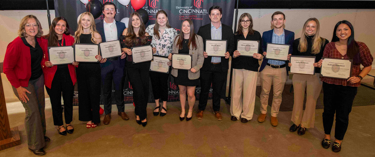Marianne Lewis, Dean of University of Cincinnati College of Business Spoke during Lindner College of Business student’s Awards ceremony Monday April 6, 2026 at Lindner College of Business. Photo by Joseph Fuqua II 