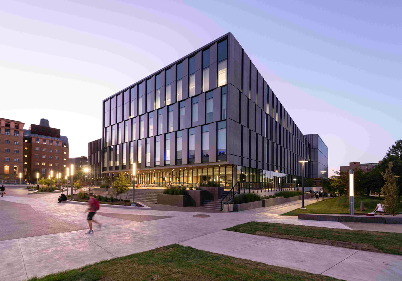 The exterior of Lindner Hall at night.