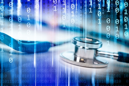 Stethoscope shown amid a binary coding background 
