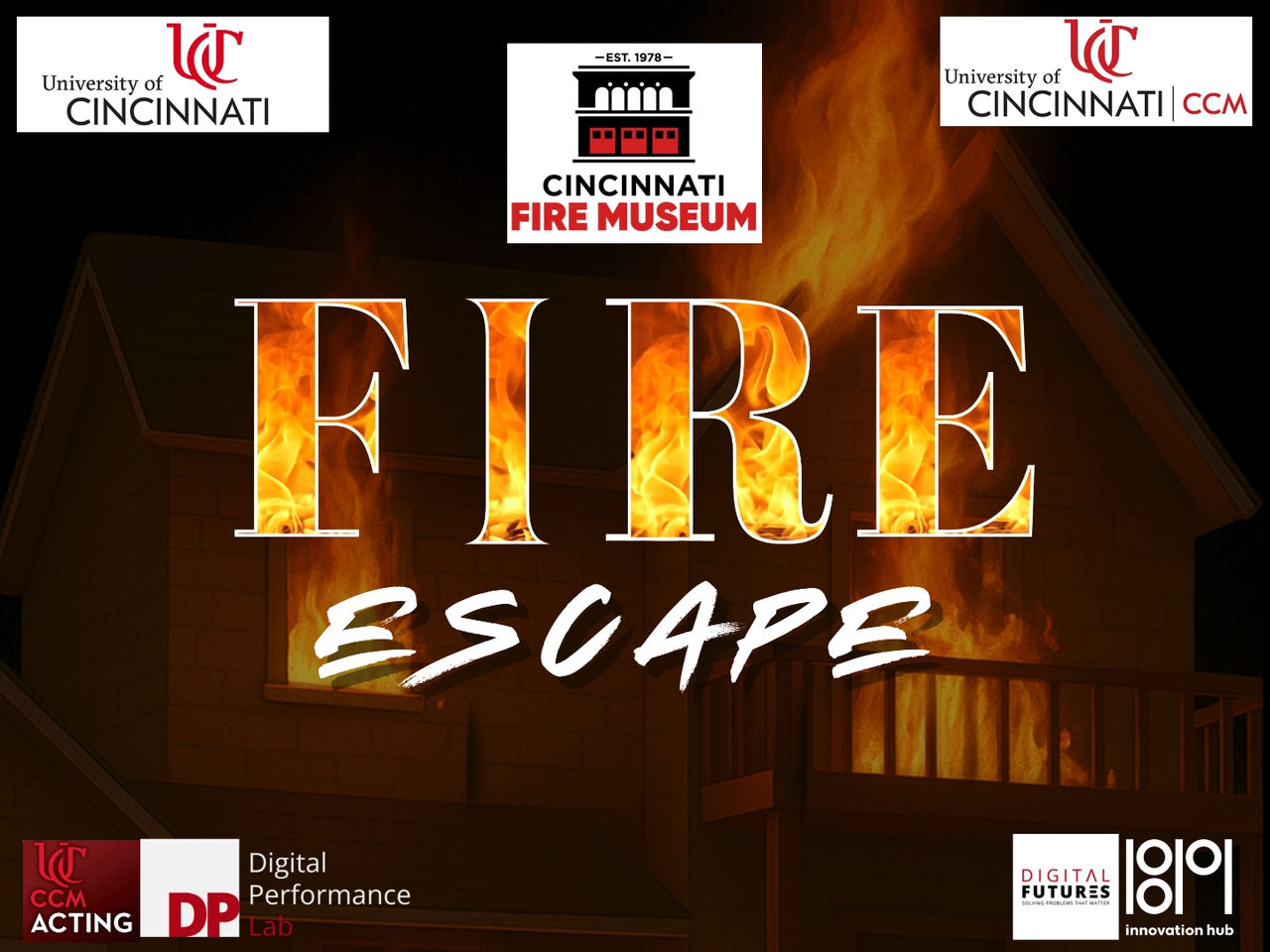 A graphic of Fire Escape title card including multiple University of Cincinnati logos