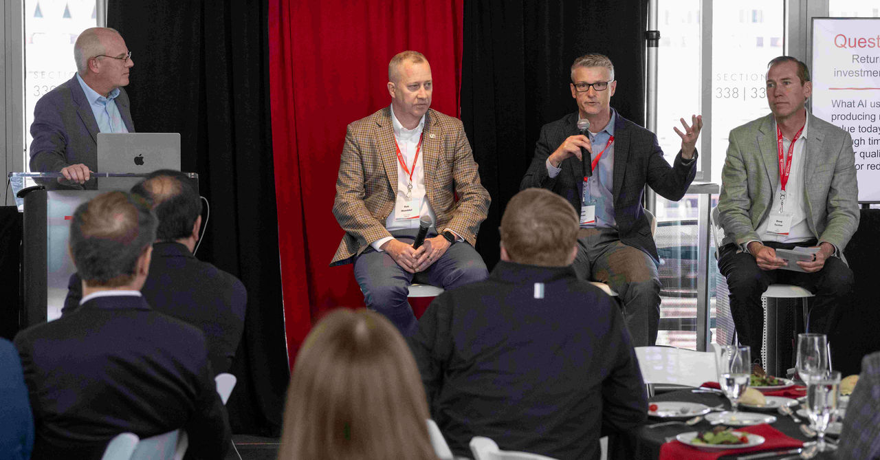 Marianne Lewis, Dean of University of Cincinnati College of Business enjoyed shown here during lunch/panel discussion for the AI Symposium Finance and Accounting at Nippert Stadium. Friday May 8, 2026. Photo by Joseph Fuqua II