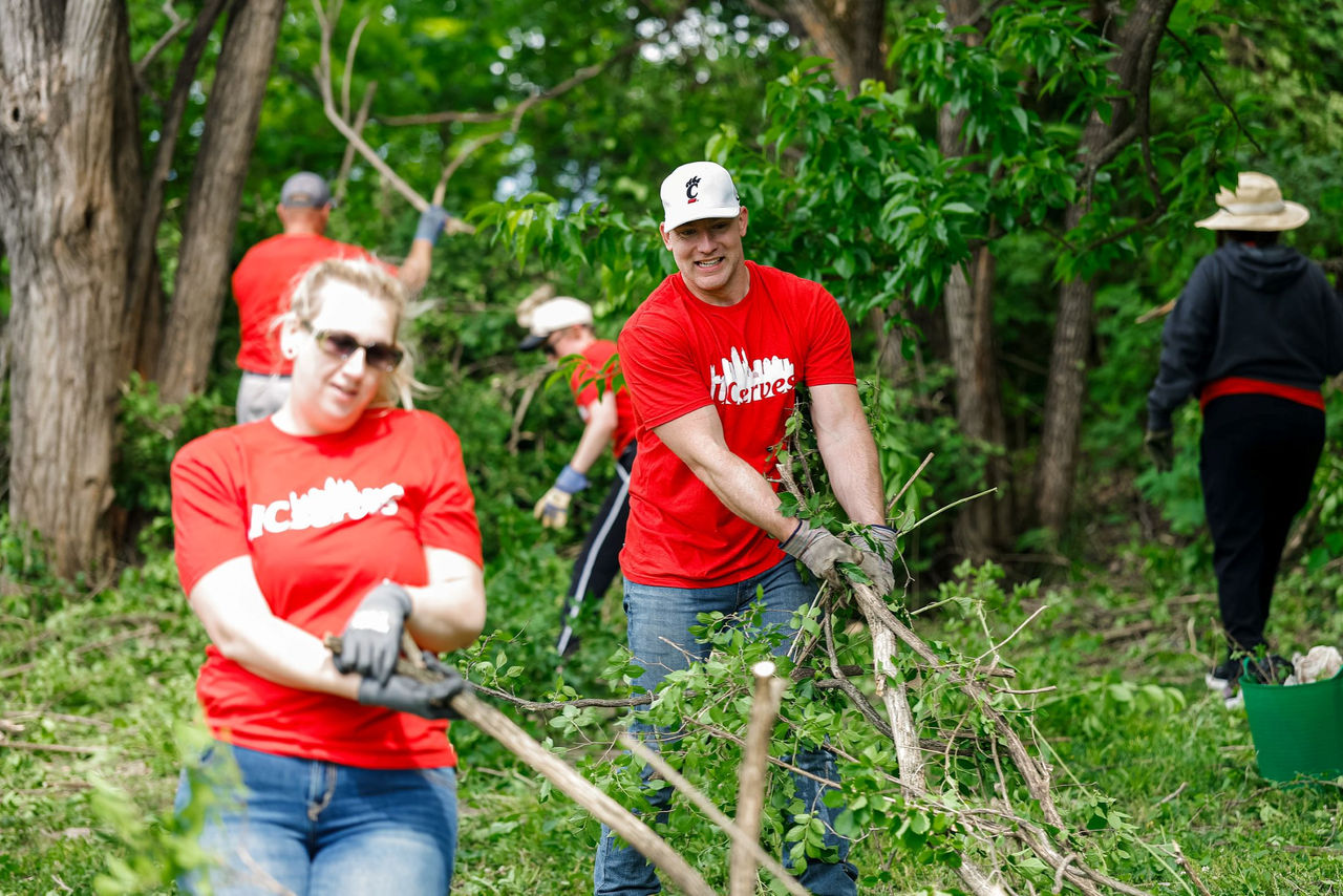 Two UC employees wearing red UC Serves shirts remove vegetation from park area.