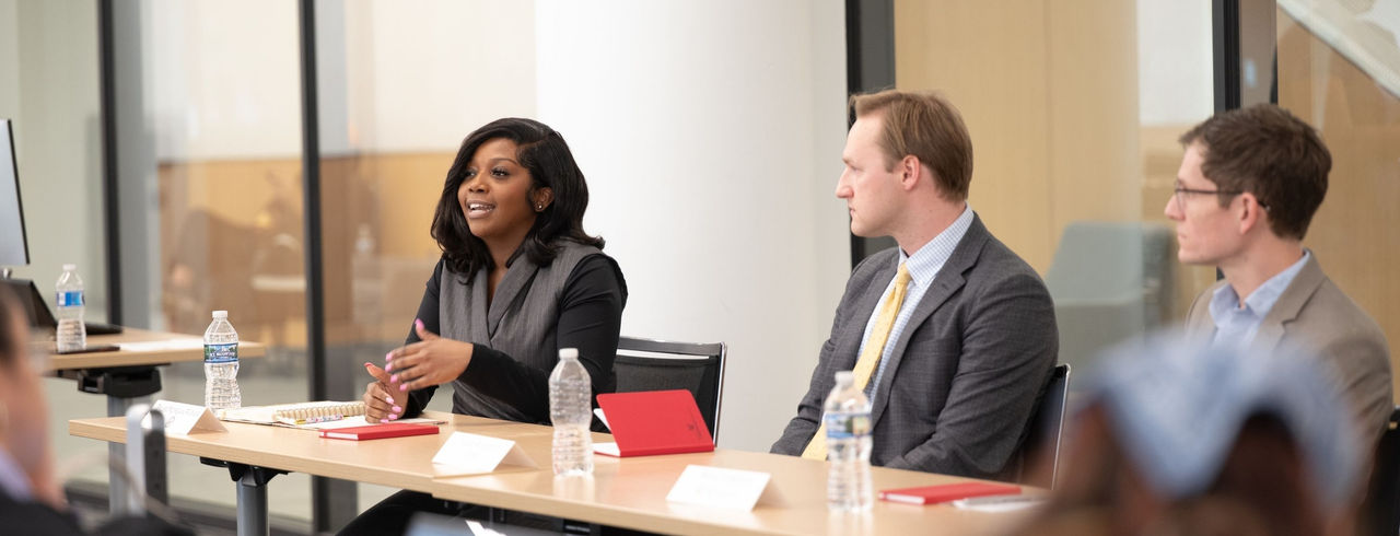 Tyler Parker, Trane Robinson and Prof. Ryan Thoreson at the federal judicial clerkship panel event