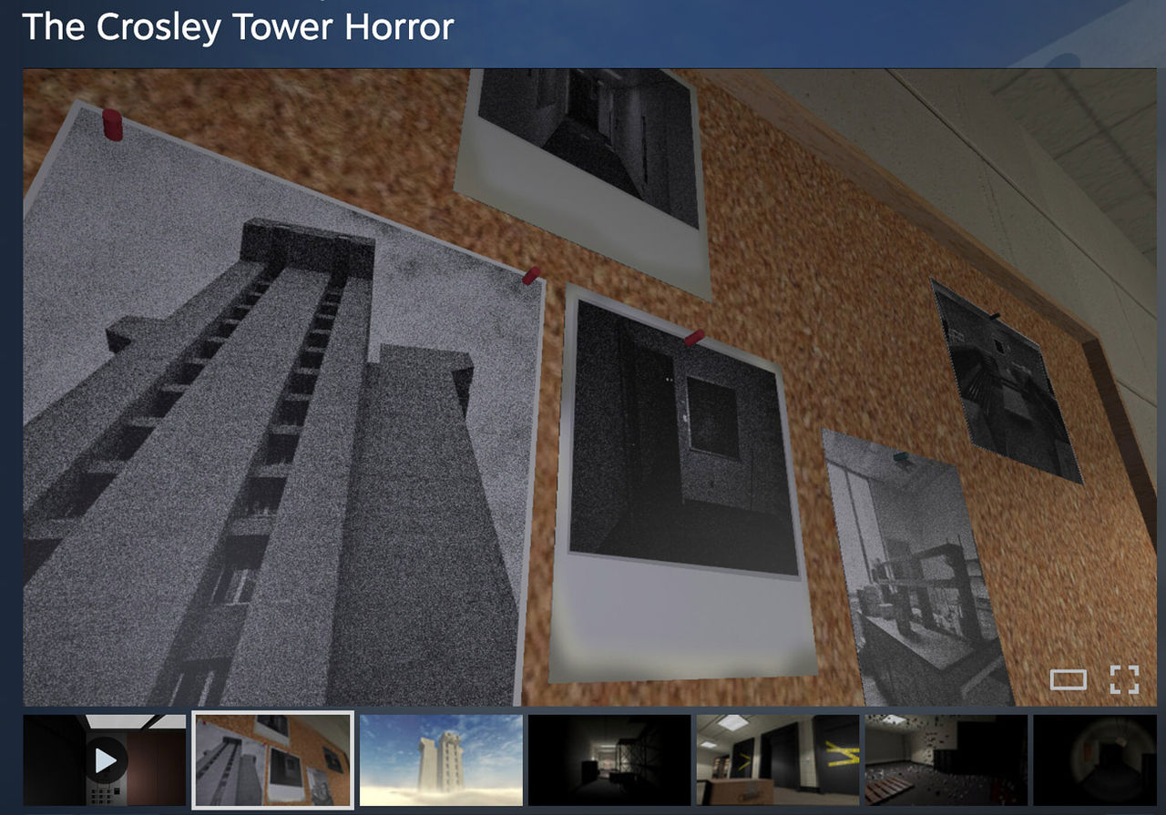 An image from a video game shows a bulletin board with photos of Crosley Tower. 