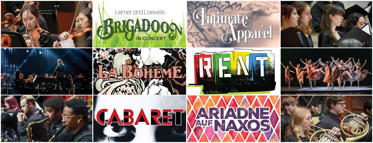 A decorative graphic showcasing several concert and show titles from CCM's 2026-27 performance season. All of the show title treatments in this graphic are duplicated in the body of this UC News story. Graphic/Mikki Graff