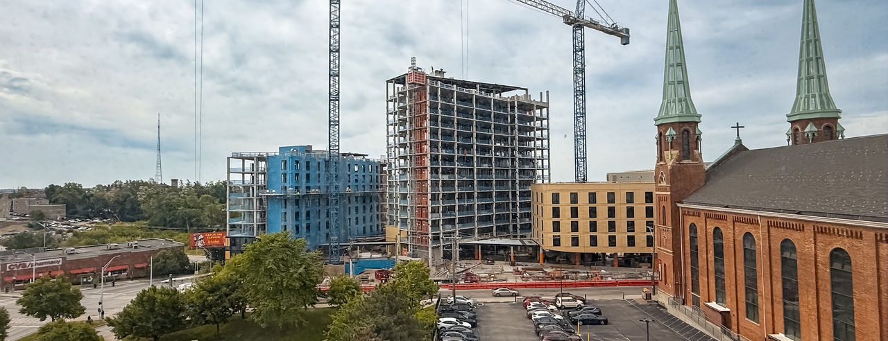 street level view of the construction site of Block 1 and Block 2 residence hall complex