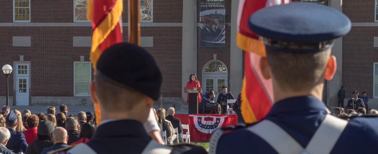 An Honor Guard stands in front of Tangeman University Center.