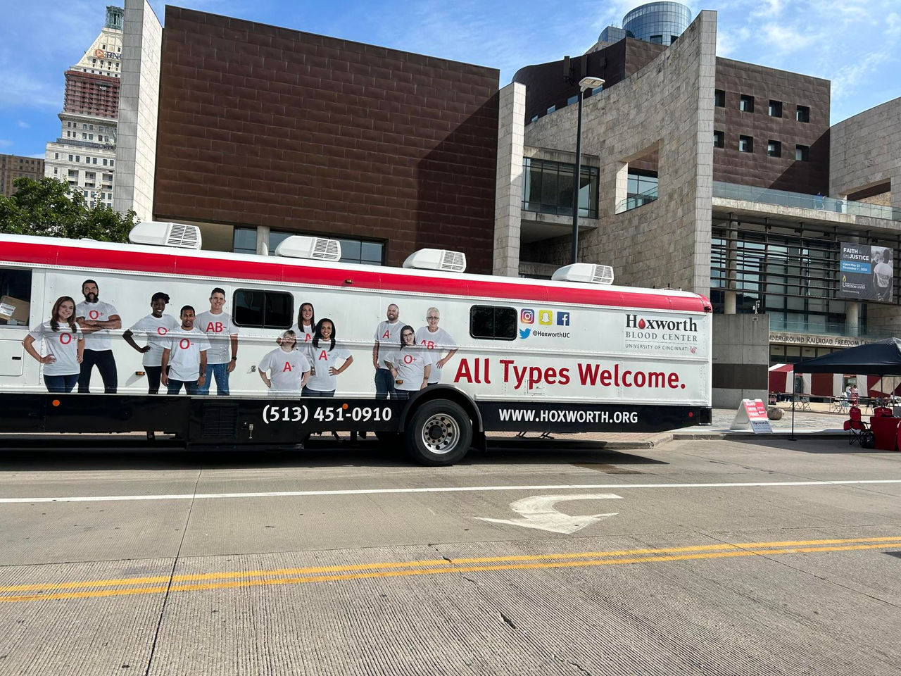 Hoxworth mobile bus in front of the Freedom Center