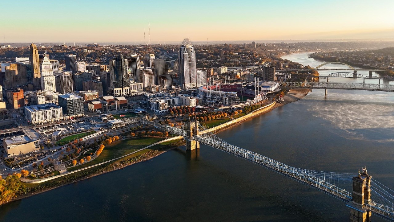 Aerial view of the Ohio River and the Cincinnati skyline.