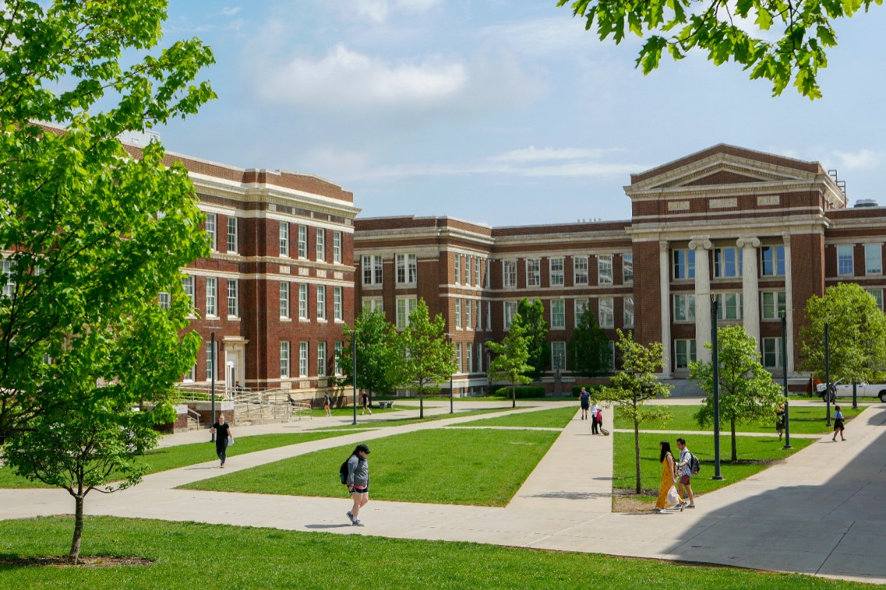 A panoramic picture of the UC Quad. 