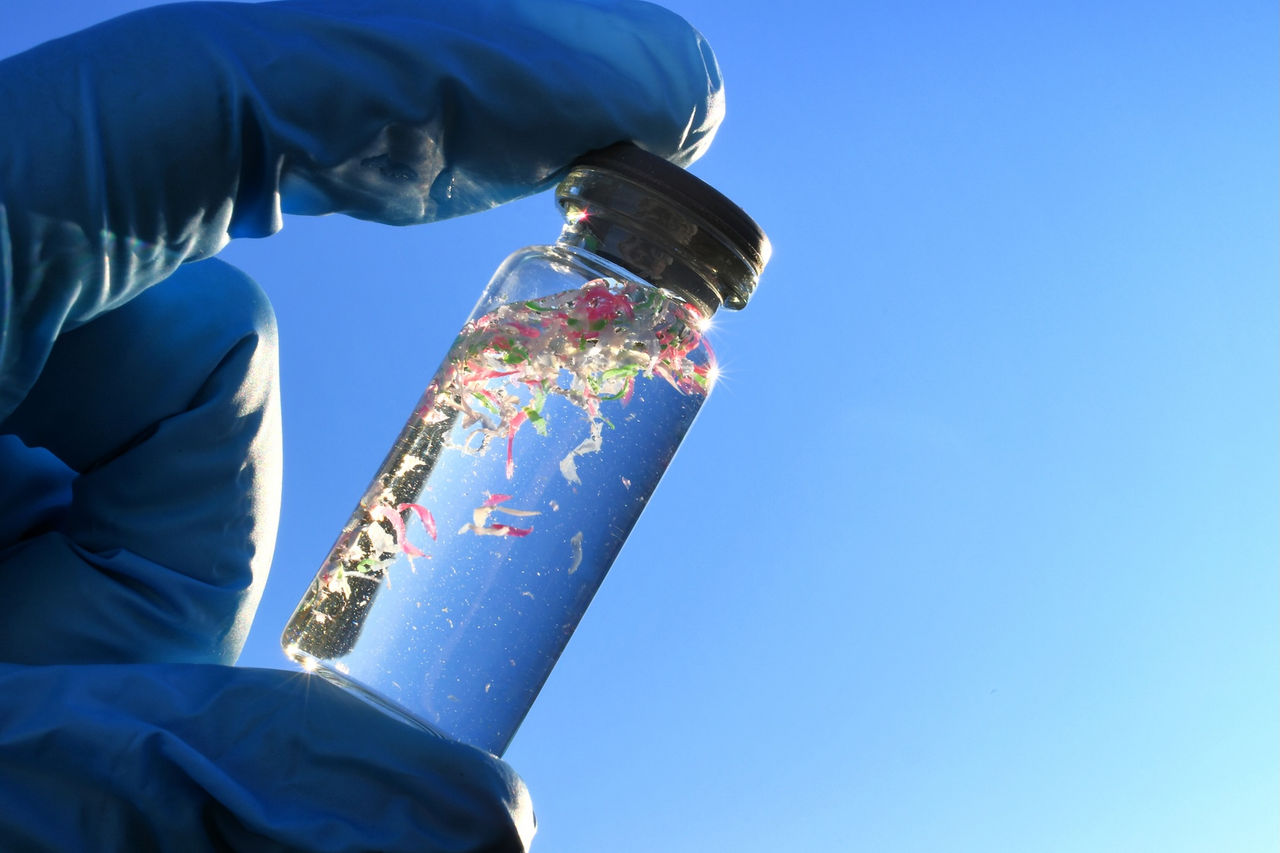 A glass vial containing water and microplastic pieces 