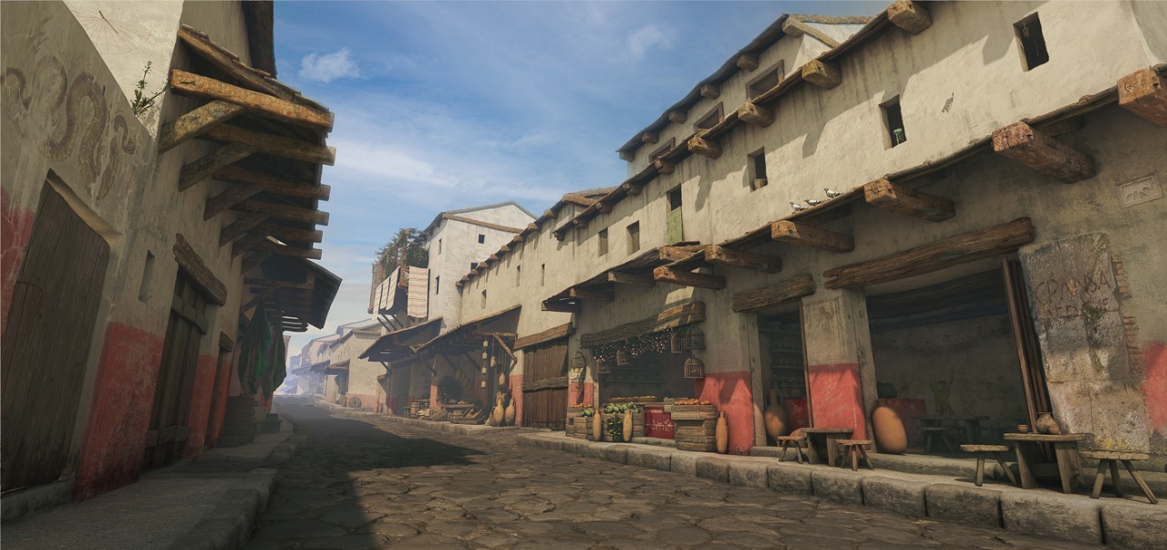 An artist's rendering of the mix of shops and homes that made up Porta Stabia before the Mount Vesuvius eruption.
