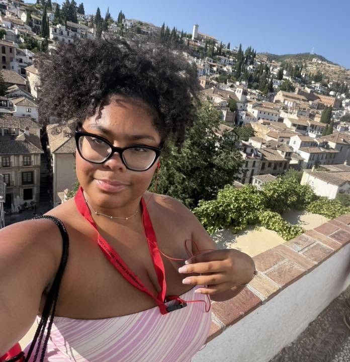 selfie of female student overlooking Granada, Spain