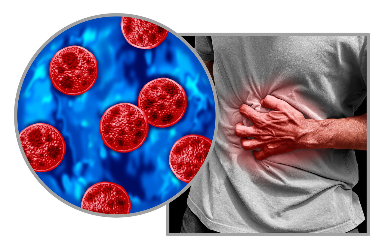 Red cyclospora parasites in a blue circle next to a hand clutching a stomach in a gray shirt 