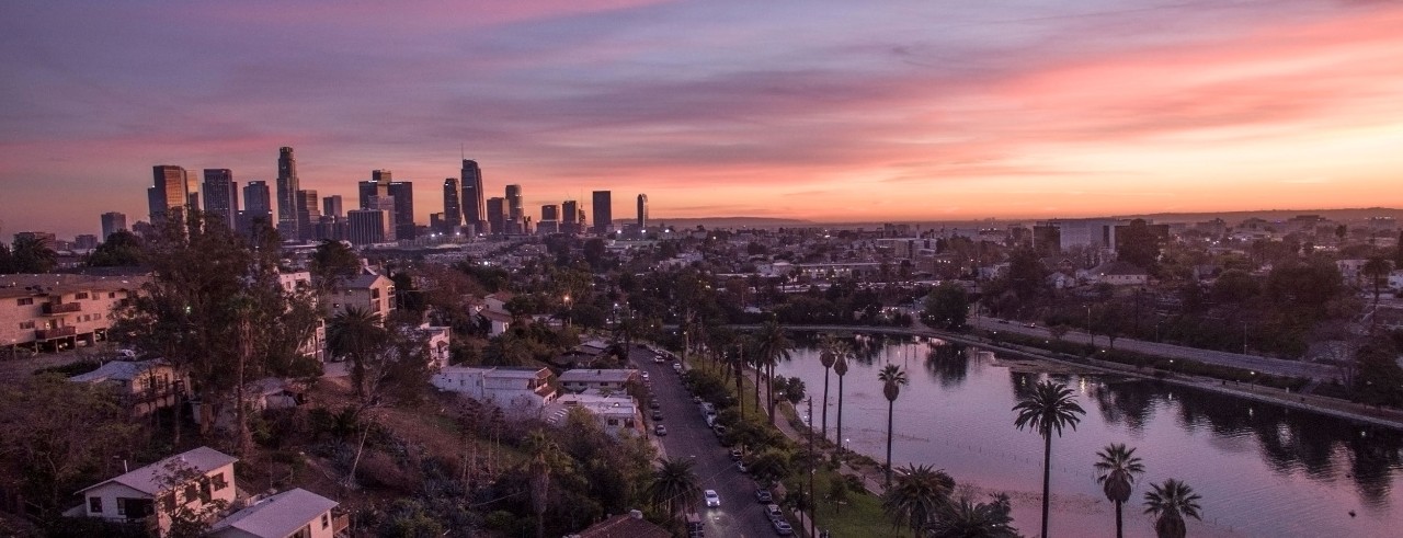 Echo Park Lake with a view of downtown Los Angeles. 