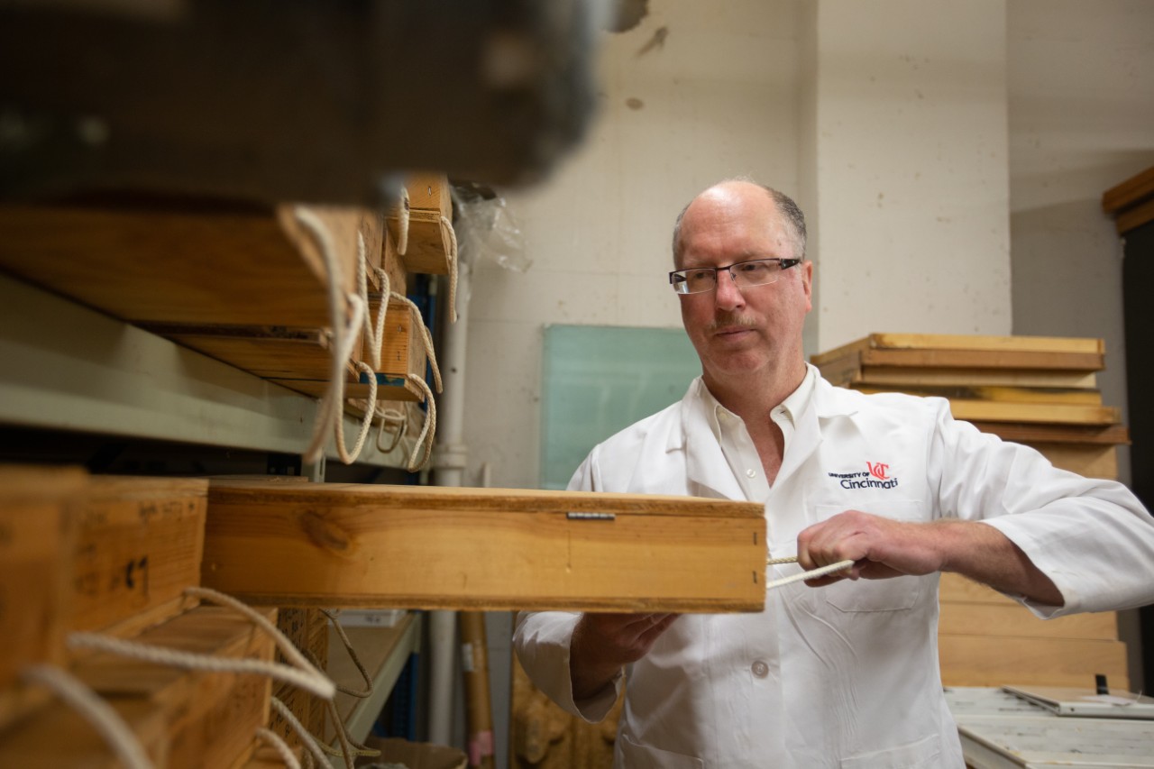 Thomas Algeo pulls a container of rock cores out of a shelf.