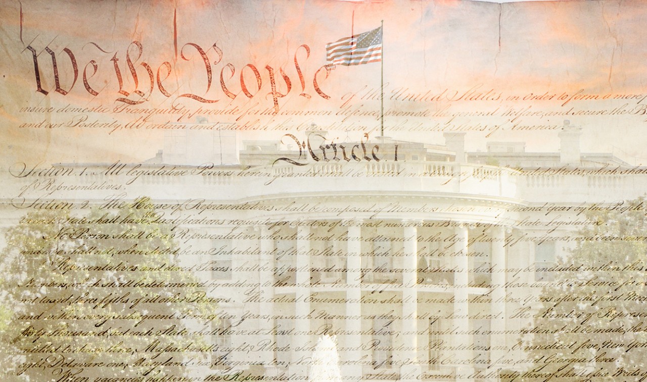 Photo of the US Constition overlaying the White House