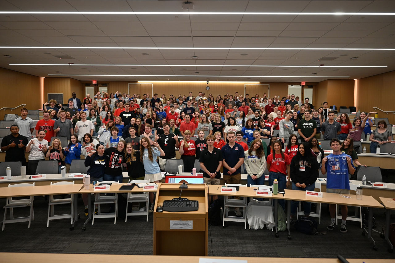 UC Klekamp Law Class of 2029 sport their college shirts on the first day of law school. 