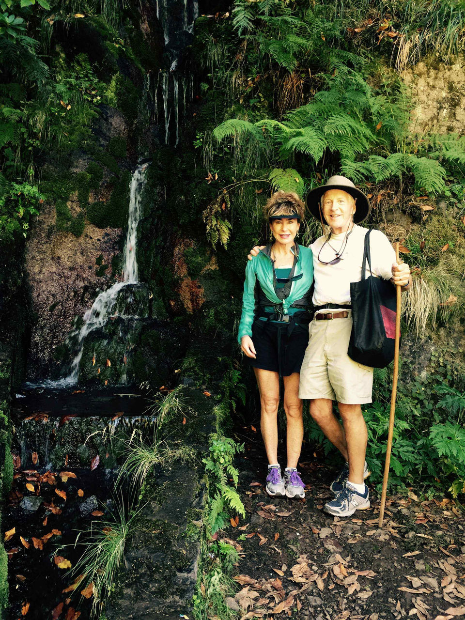 Cheri and Dan Asimus standing near a waterfall.