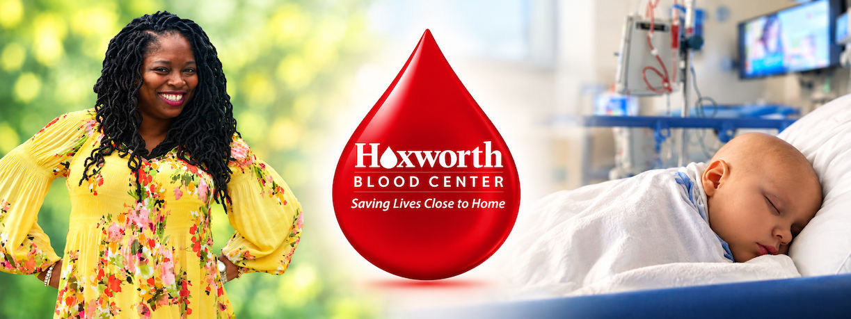 Carla Howard and Everly Robinson with a red Hoxworth Blood Center drop in the middle 