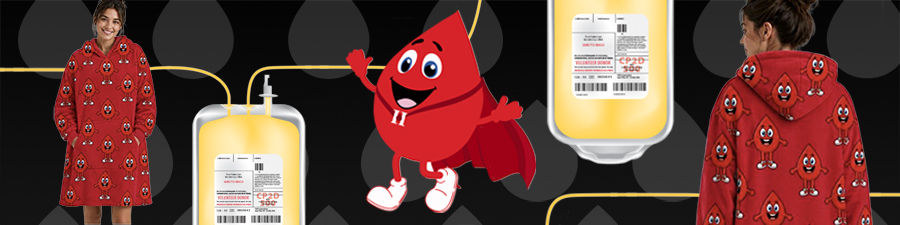 Wearable red blanket and platelet bags with Buddy the Blood Drop in the middle