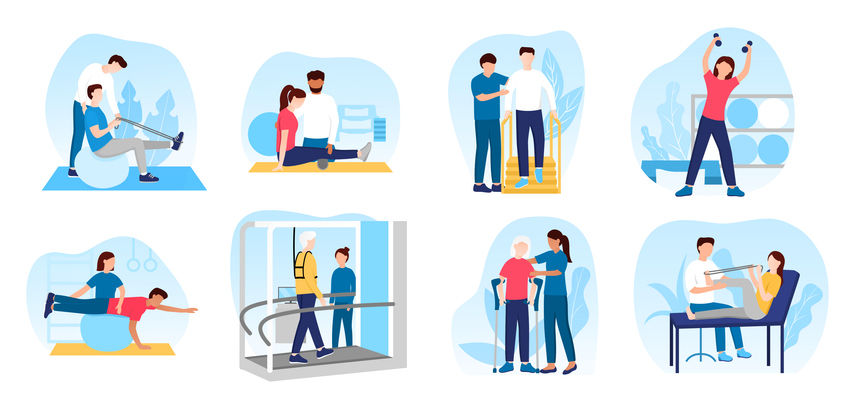 An illustration of eight vignettes of a physical therapist working with a patient doing stretches, walking, lifting weights and climbing stairs