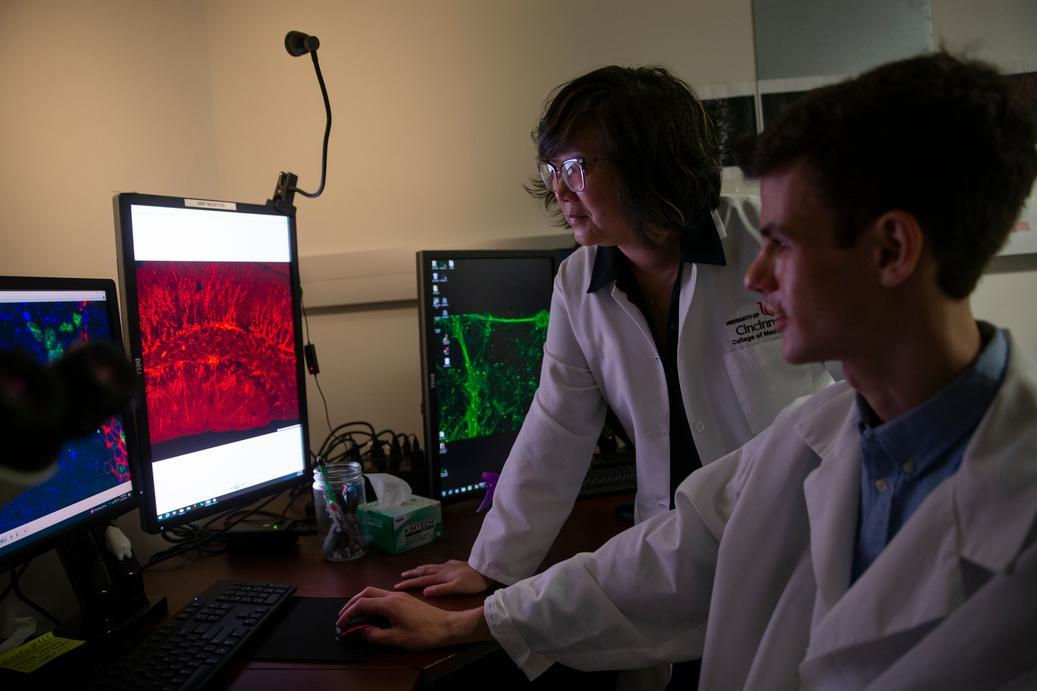 Aleksandr Taranov, PhD, and Agnes (Yu) Luo, PhD, review images together on a monitor in a lab