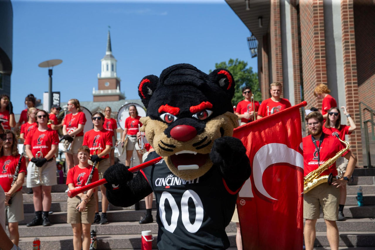 Bearcat Mascot holding UC flag with marching band playing in the background